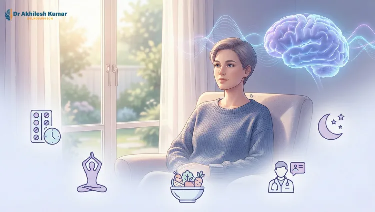 Epilepsy management illustration showing a calm patient sitting near a window with brain graphic overlay, medication reminder, yoga, healthy diet, sleep, and doctor consultation icons – Epilepsy treatment in Lucknow, Uttar Pradesh, India.