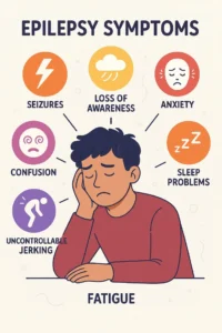 Epilepsy symptoms infographic showing a person with fatigue surrounded by icons representing seizures, loss of awareness, anxiety, confusion, sleep problems, and uncontrollable jerking.
