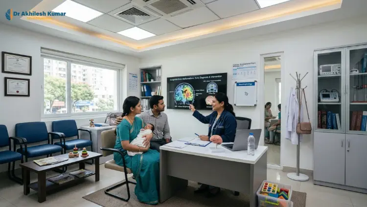 Parents consulting a neurosurgeon about a child's brain scan during a pediatric neurology consultation in a modern clinic in Lucknow.
