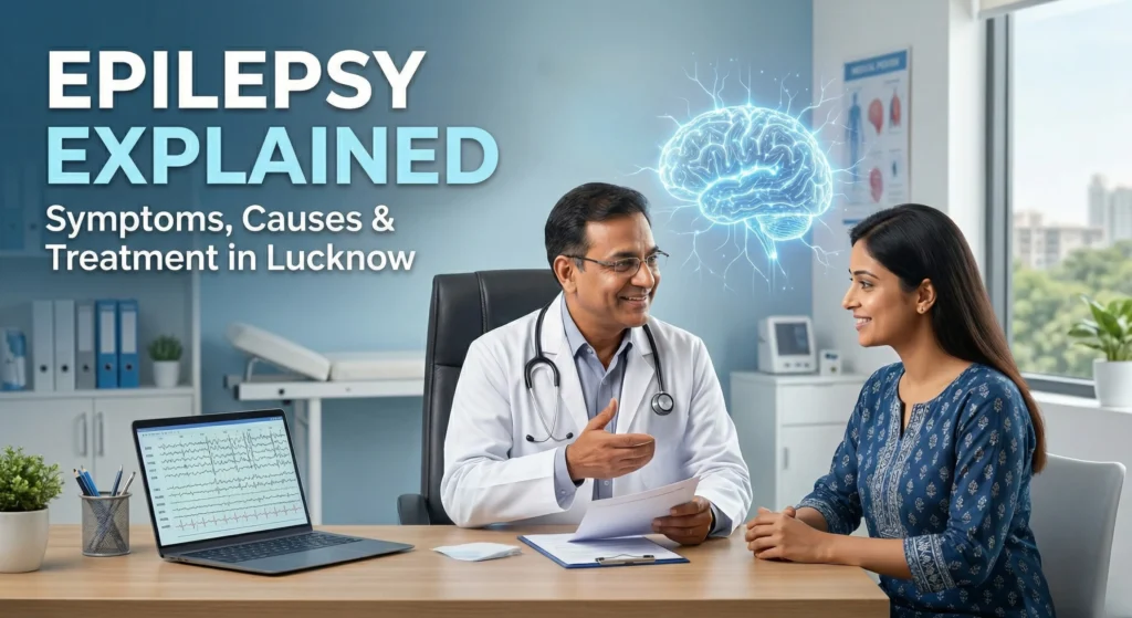 Epilepsy treatment in Lucknow by neurologist Dr Akhilesh Kumar explaining seizure symptoms and brain health to a patient in a modern clinic