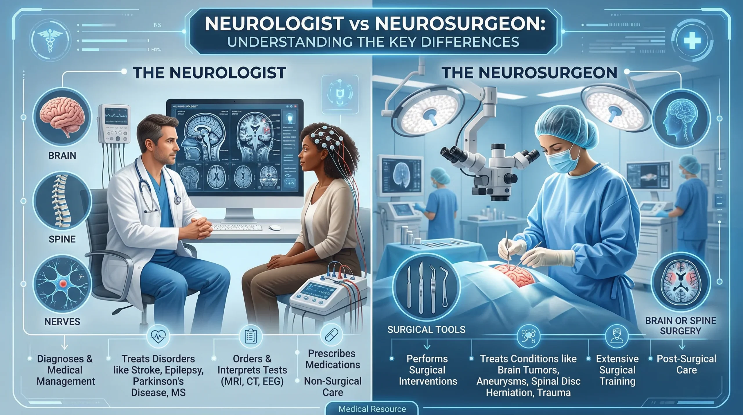 neurologist vs neurosurgeon difference infographic with brain and spine specialist roles