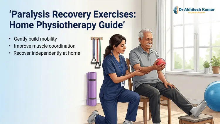Physiotherapist assisting an elderly paralysis recovery patient performing hand grip and leg exercises at home physiotherapy session.