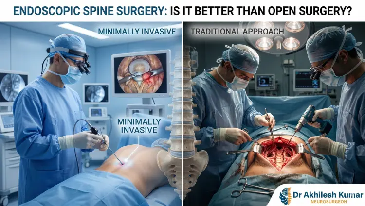 Endoscopic spine surgery vs open spine surgery comparison showing minimally invasive technique and traditional surgical approach with spine visualization